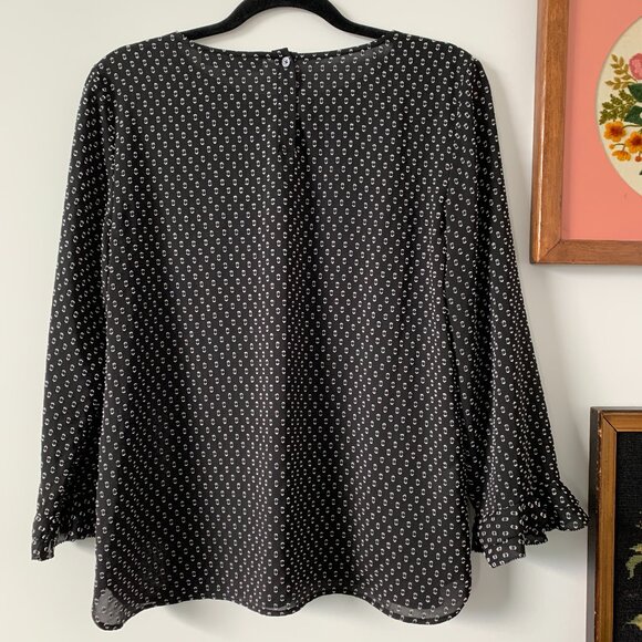 LOFT | Blouse size Small sheer black white textured dot ruffle ¾ sleeve - Picture 3 of 9